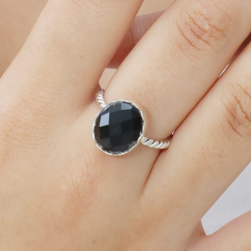 bague argent agate noir poli