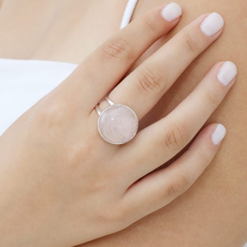 bague argent rond quartz rose